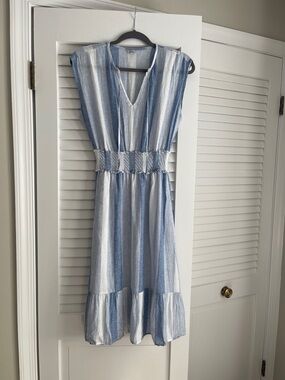 Rails Blue and White Striped Smocked-Waist Midi Dress